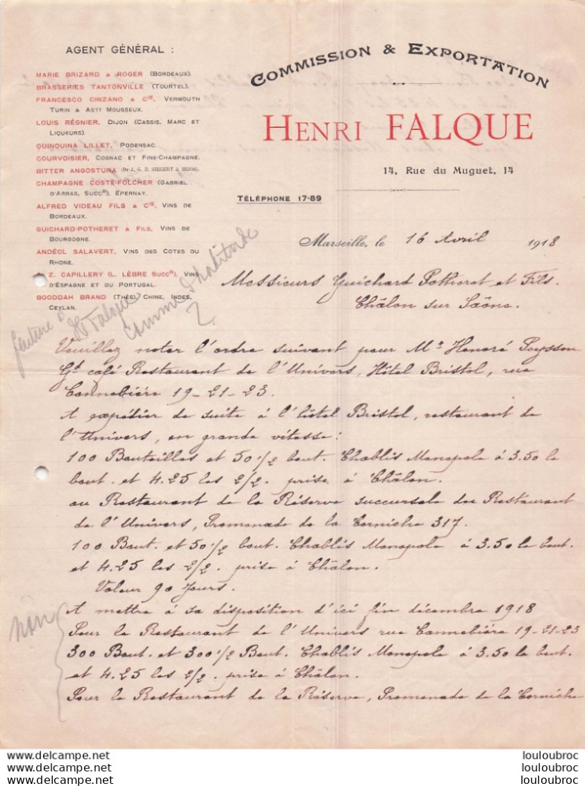 MARSEILLE 1918 HENRI FALQUE COMMISSION ET EXPORTATION R10 - 1900 – 1949