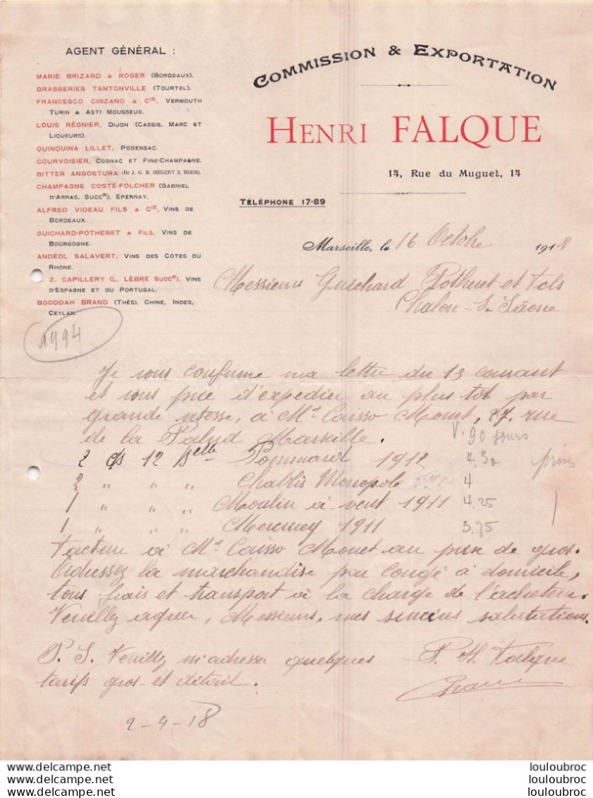 MARSEILLE 1918 HENRI FALQUE COMMISSION ET EXPORTATION R24 - 1900 – 1949