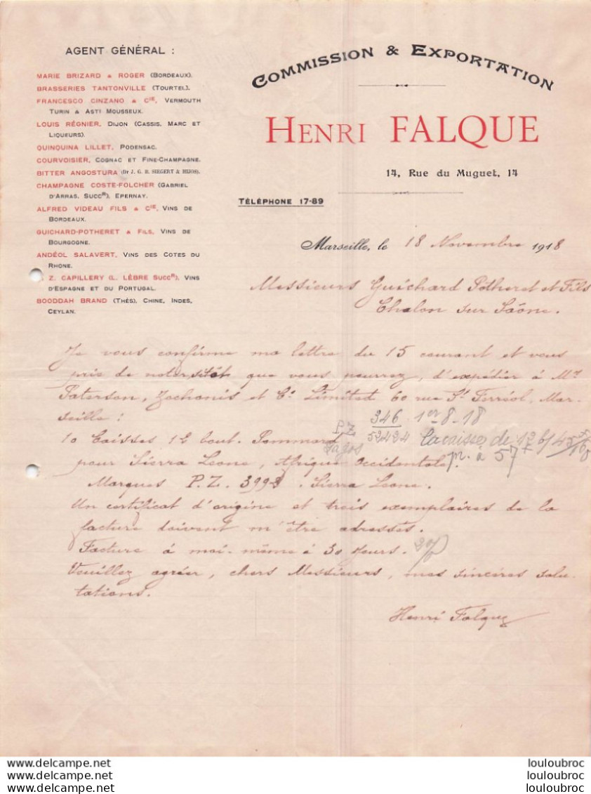 MARSEILLE 1918 HENRI FALQUE COMMISSION ET EXPORTATION R22 - 1900 – 1949