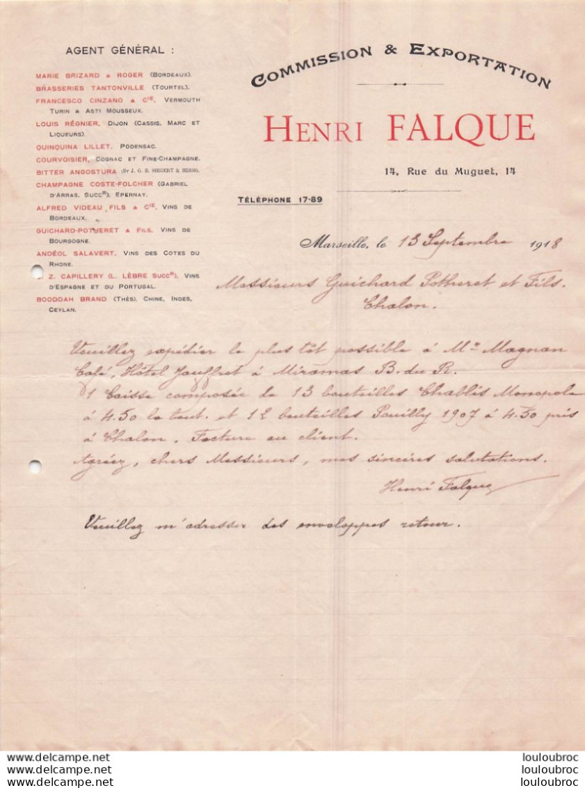 MARSEILLE 1918 HENRI FALQUE COMMISSION ET EXPORTATION R26 - 1900 – 1949