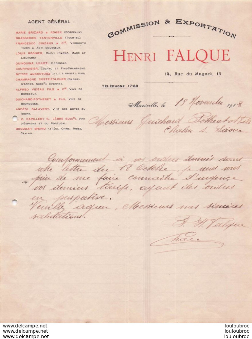 MARSEILLE 1918 HENRI FALQUE COMMISSION ET EXPORTATION R23 - 1900 – 1949