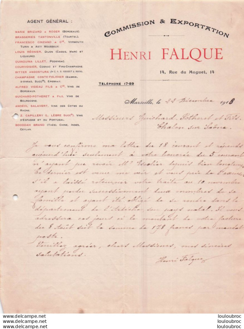MARSEILLE 1918 HENRI FALQUE COMMISSION ET EXPORTATION R20 - 1900 – 1949