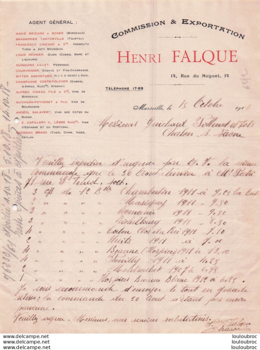 MARSEILLE 1918 HENRI FALQUE COMMISSION ET EXPORTATION R25 - 1900 – 1949