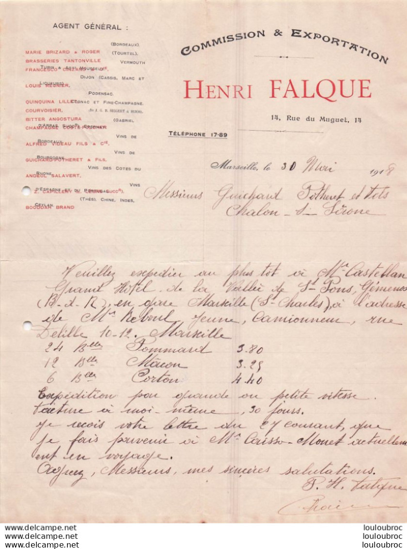 MARSEILLE 1918 HENRI FALQUE COMMISSION ET EXPORTATION R36 - 1900 – 1949