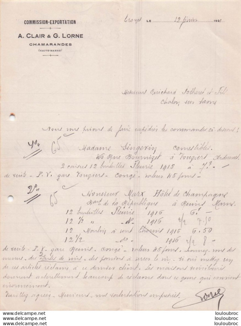 CHAMARANDES 1921 COMMISSION EXPORTATION A. CLAIR ET G. LORNE 12/02/1921 - 1900 – 1949