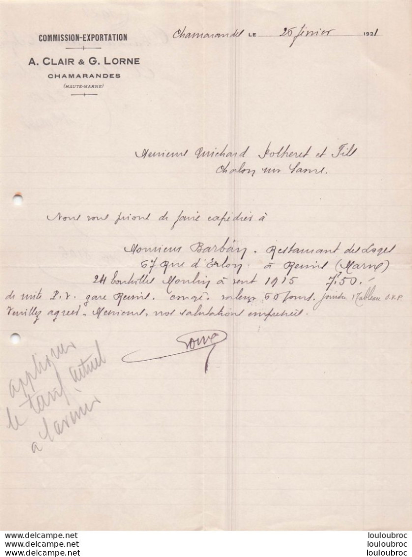 CHAMARANDES 1921 COMMISSION EXPORTATION A. CLAIR ET G. LORNE 26/02/1921 - 1900 – 1949