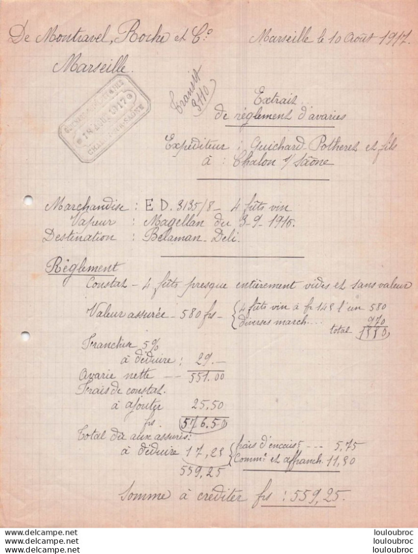 MARSEILLE 10/08/1917 DE MONTRAVEL ROCHE  TRANSPORTS MARITIMES  DESTINATION BELAMAN DELI PAR VAPEUR MAGELLAN - 1900 – 1949