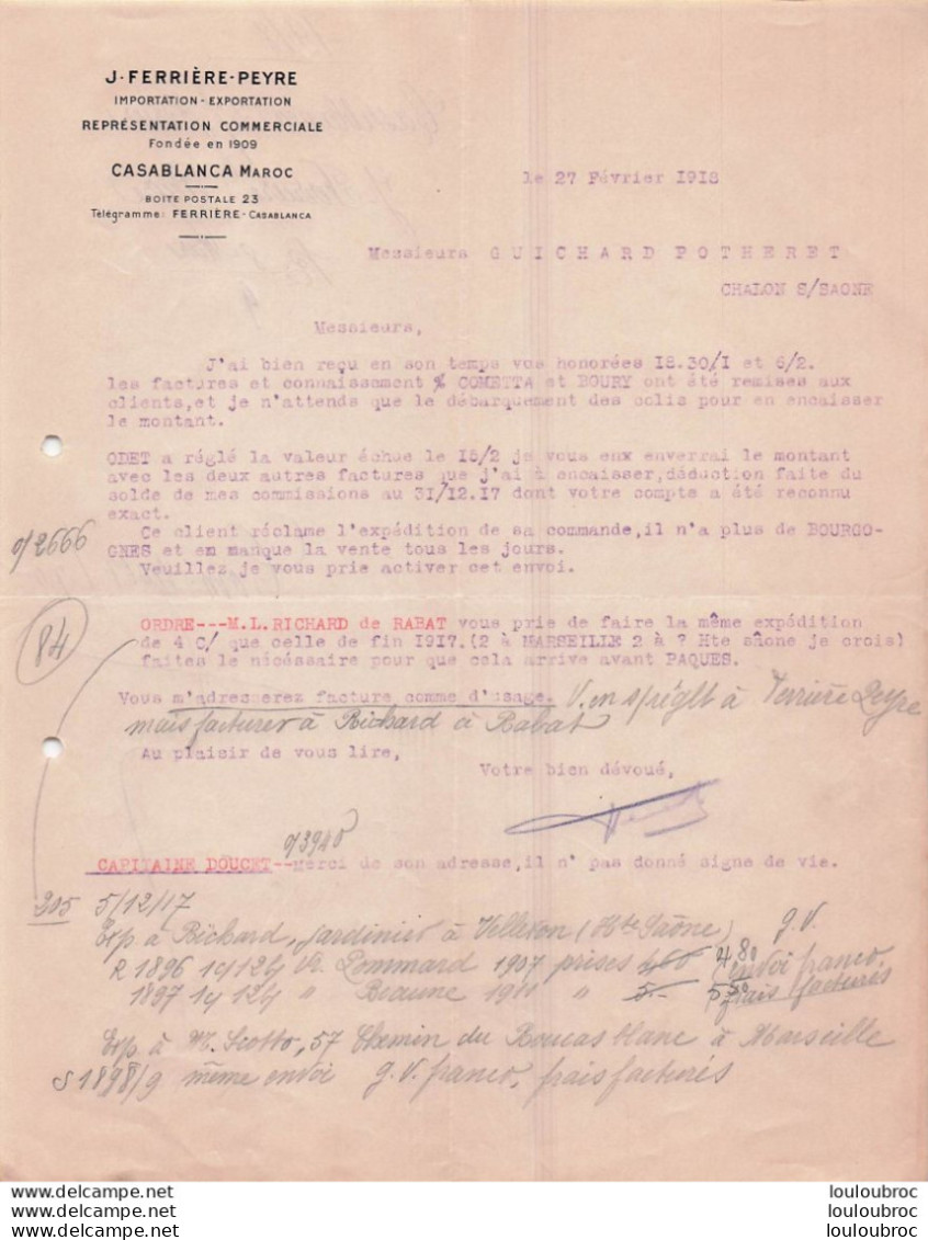 CASABLANCA 27/02/1918 J. FERRIERE PEYRE IMPORTATION EXPORTATION - 1900 – 1949