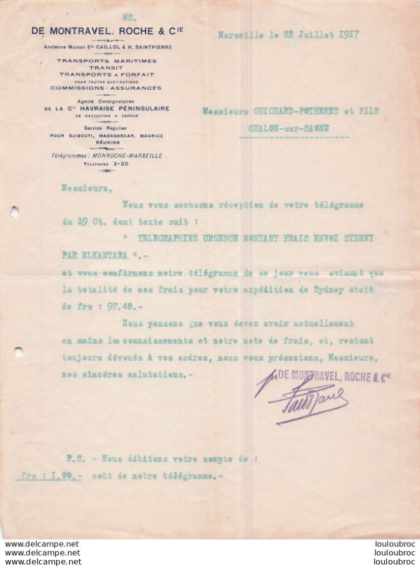 MARSEILLE 21/07/1917 DE MONTRAVEL ROCHE  TRANSPORTS MARITIMES  POUR ENVOI SYDNEY PAR ELKANTARA - 1900 – 1949