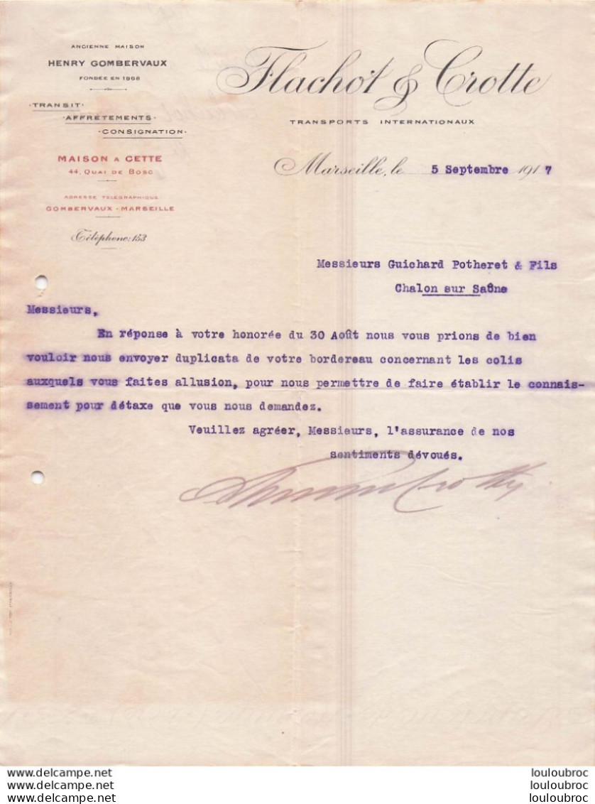 MARSEILLE 09/1917 FLACHOT ET CROTTE  TRANSIT AFFRETEMENTS TRANSPORTS INTERNATIONAUX - 1900 – 1949