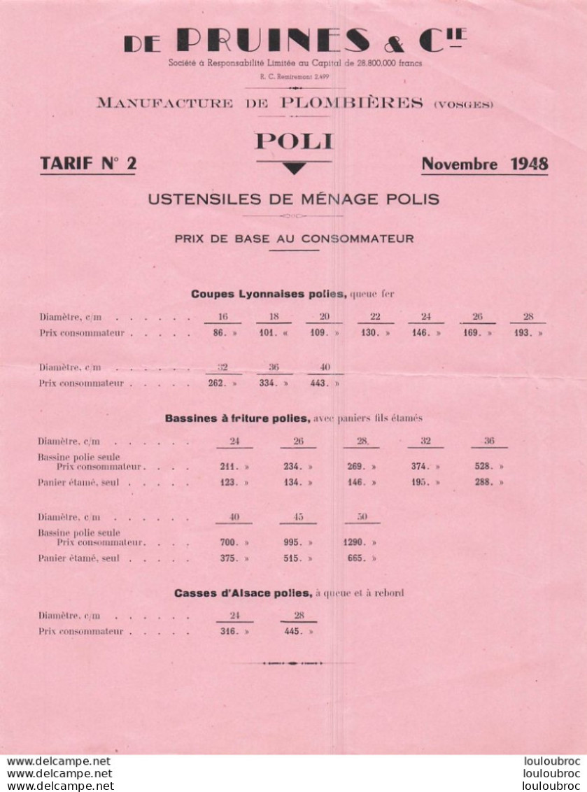 PLOMBIERES 1948 DE PRUINES ET CIE  USTENSILES DE MENAGE VERNIS TARIF N°2 - 1900 – 1949