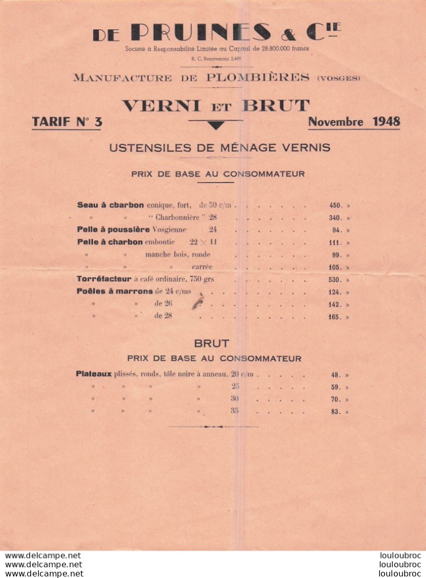 PLOMBIERES 1948 DE PRUINES ET CIE  USTENSILES DE MENAGE VERNIS TARIF - 1900 – 1949