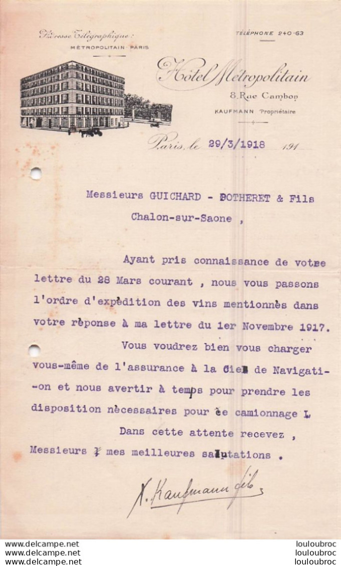 PARIS 1918 HOTEL METROPOLITAIN SIGNATURE KAUFMANN FILS - 1900 – 1949