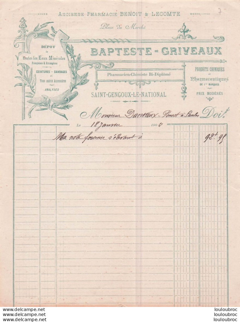 SAINT GENGOUX LE NATIONAL 1908 BAPTESTE GRIVEAUX PHARMACIEN CHIMISTE - 1900 – 1949