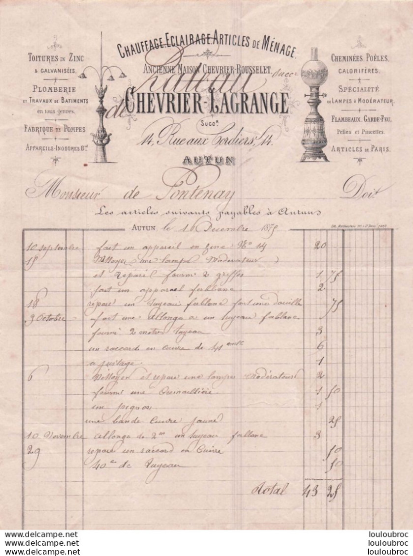 AUTUN 1879 CHEVRIER LAGRANGE  CHAUFFAGE ECLAIRAGE ARTICLES DE MENAGE - 1800 – 1899