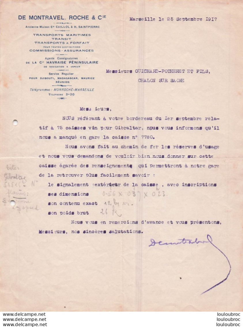 MARSEILLE 25/09/1917 DE MONTRAVEL ROCHE ET CIE TRANSPORTS MARITIMES - 1900 – 1949