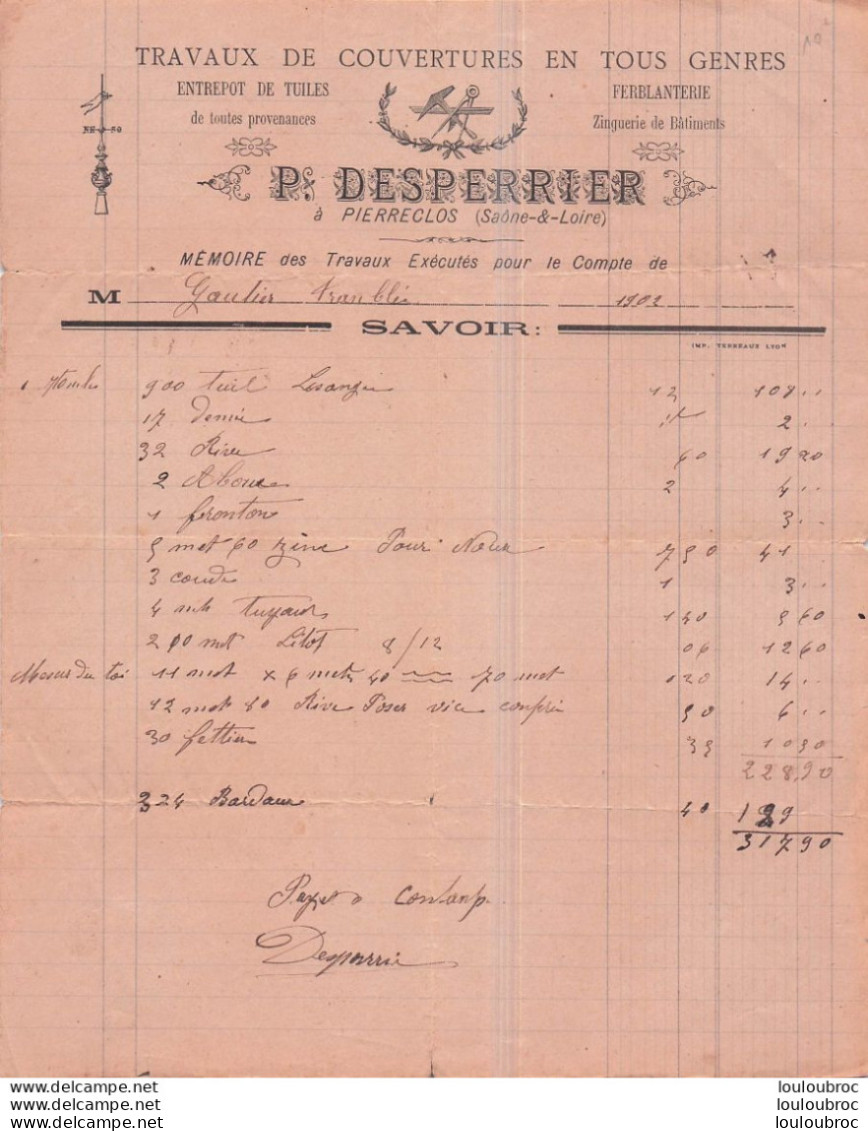 PIERRECLOS SAONE ET LOIRE  1902 P.  DESPERRIER TRAVAUX DE COUVERTURES - 1900 – 1949