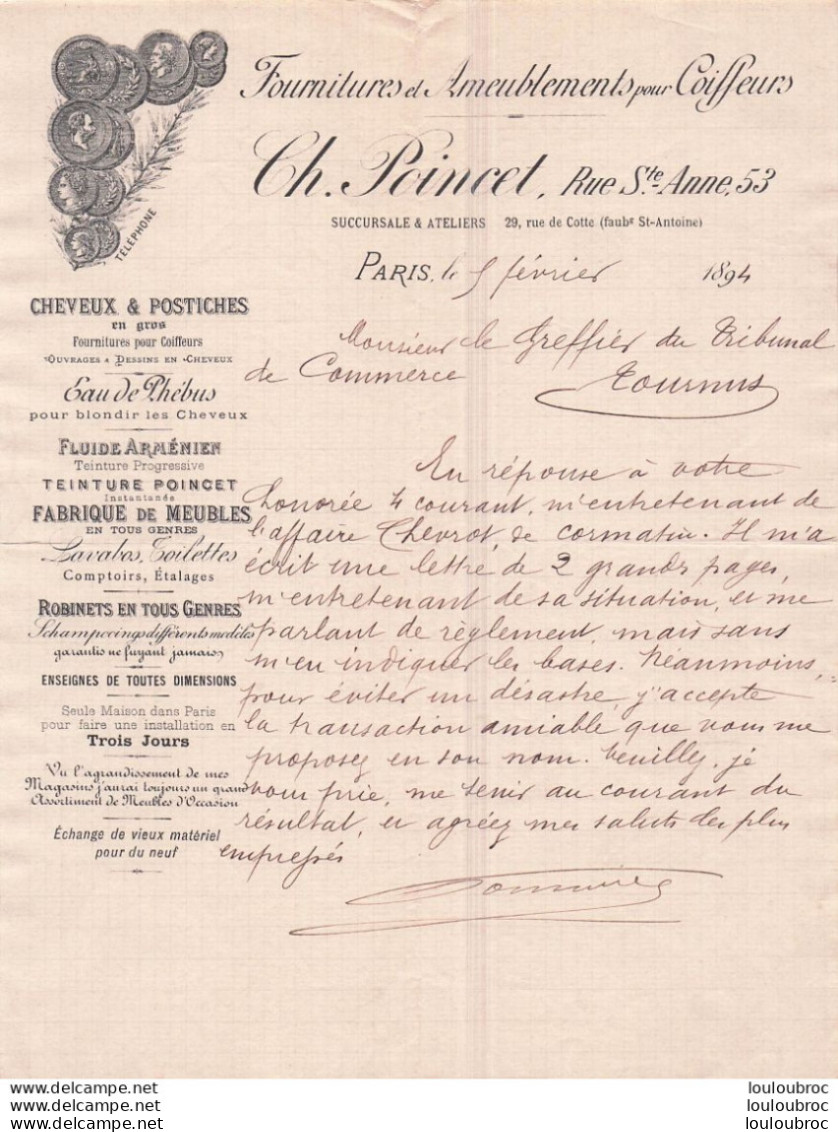 PARIS 02/1894 CH.. POINCET FOURNITURES ET AMEUBLEMENTS POUR COIFFEURS - 1800 – 1899