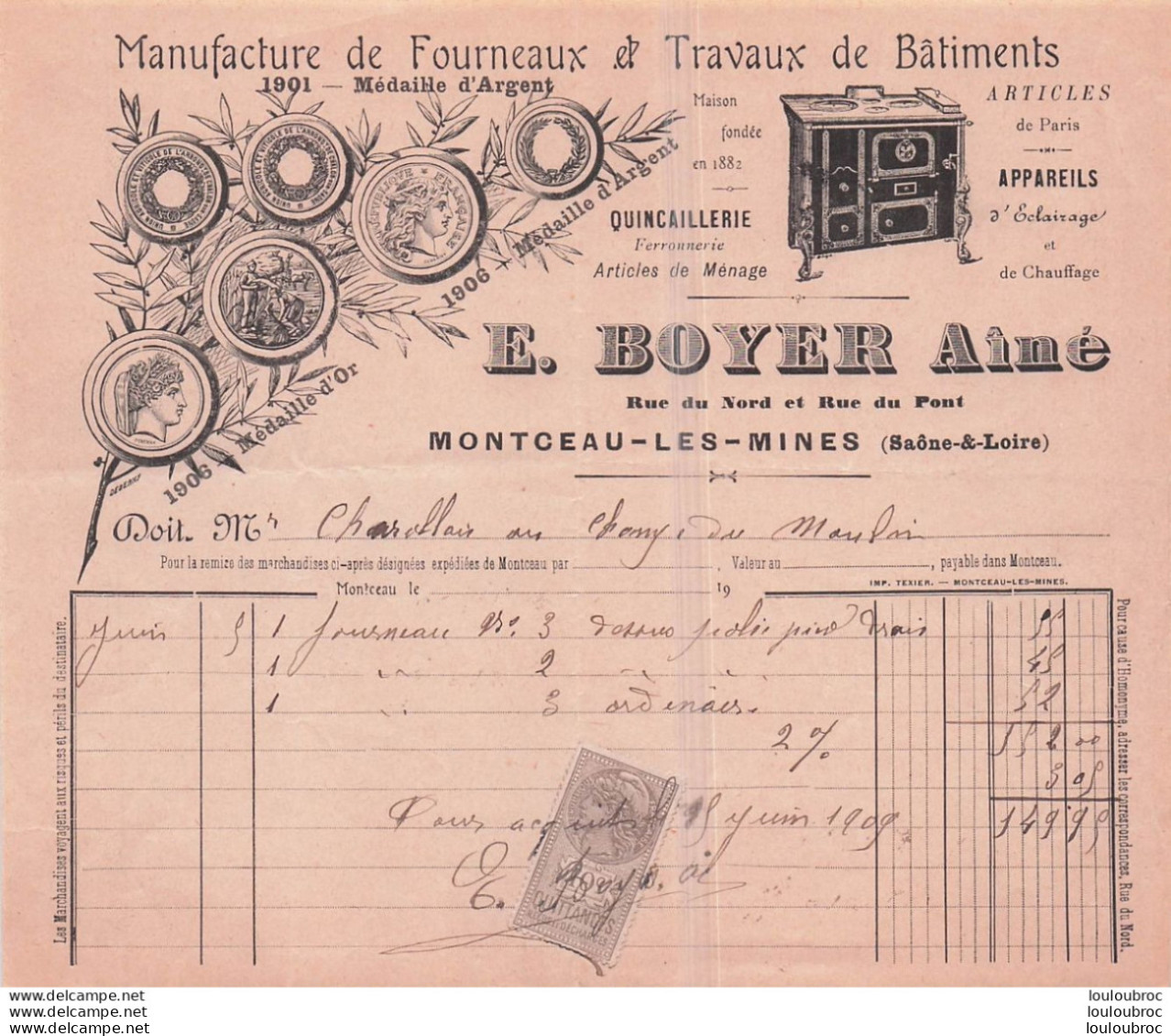 MONTCEAU LES MINES 1909 E.  BOYER AINE MANUFACTURE DE FOURNEAUX ET TRAVAUX DE BATIMENTS - 1900 – 1949