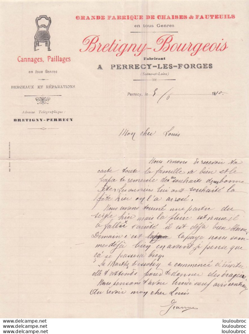 PERRECY LES FORGES 06/1910 BRETIGNY BOURGEOIS GRANDE FABRIQUE DE CHAISES ET FAUTEUILS - 1900 – 1949