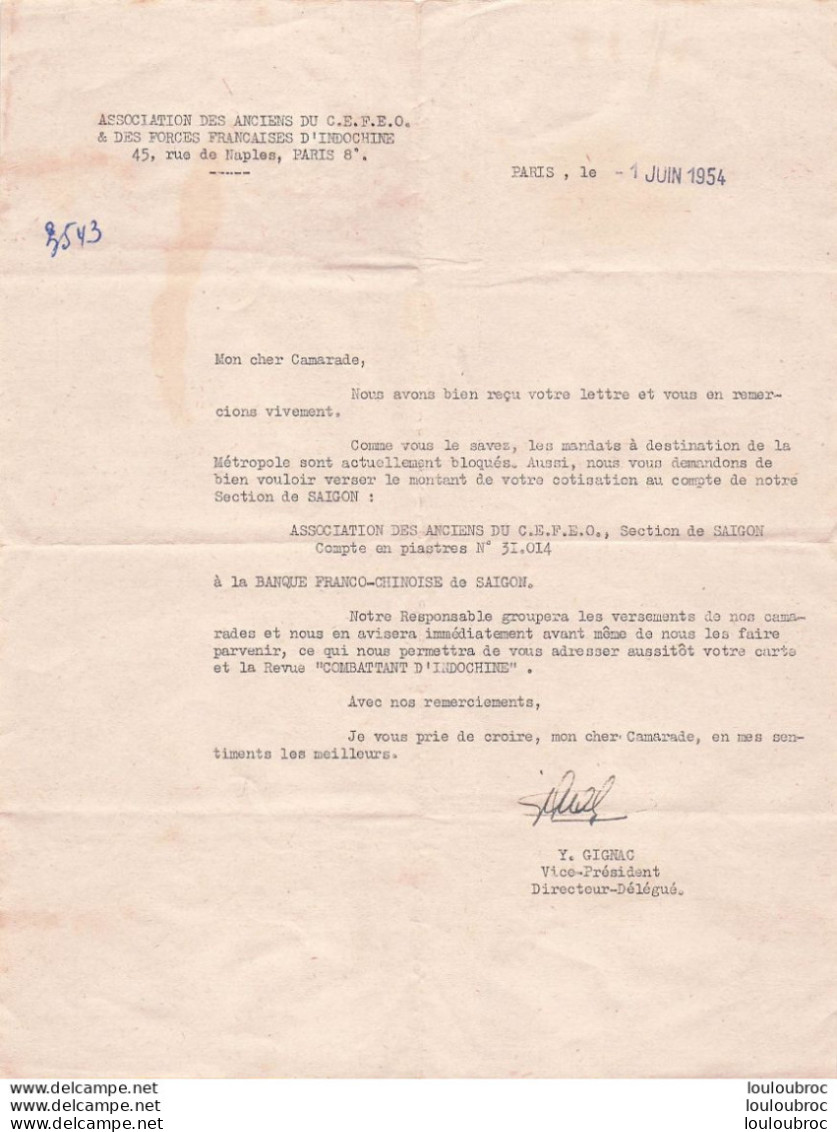 ASSOCIATION DES ANCIENS DU C.E.F.E.O. ET DES FORCES FRANCAISES D'INDOCHINE SECTION DE SAIGON COURRIER COTISATION 1954 - Documents