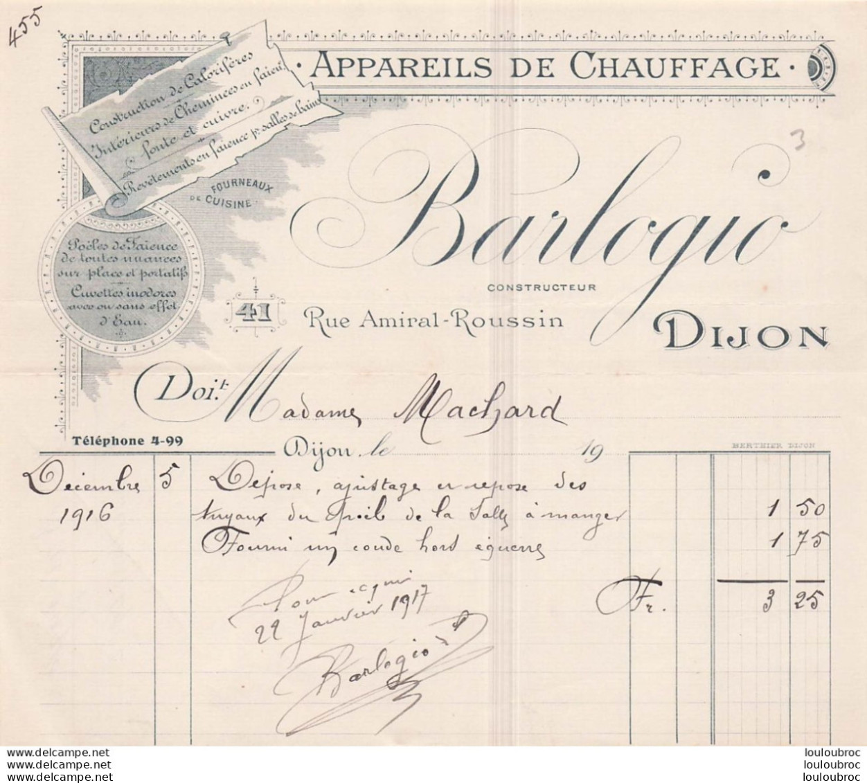 DIJON 22/01/1917 BARLOGIO APPAREILS DE CHAUFFAGE - 1900 – 1949