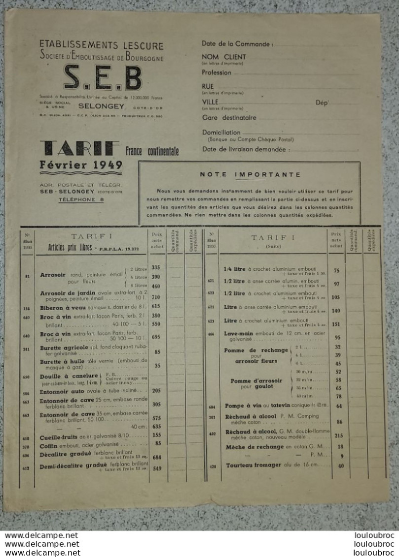 SELONGEY 02/1949 S.E.B. SEB TARIF  DEPLIANT - 1900 – 1949