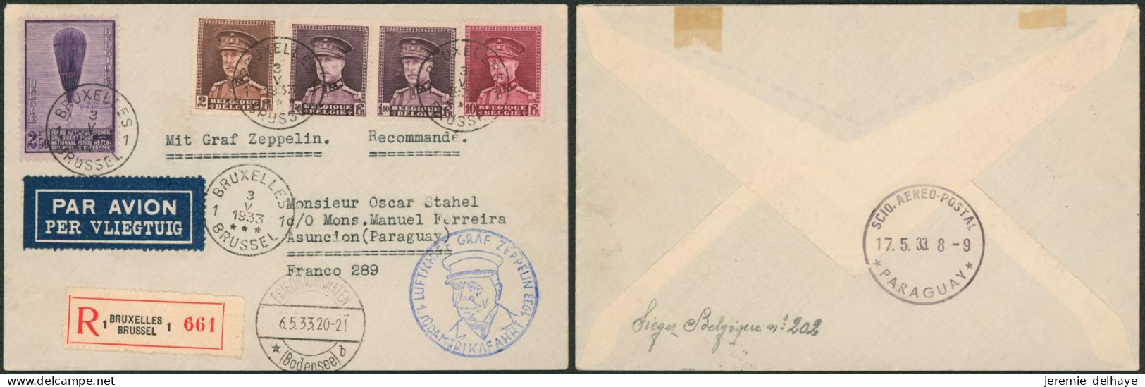 N°319 X2, 321, 324 Et 355 Sur Lettre Par Avion En Recommandé "Mit Graf Zeppelin" De Bruxelles > Asuncion (Paraguay) - Lettres & Documents