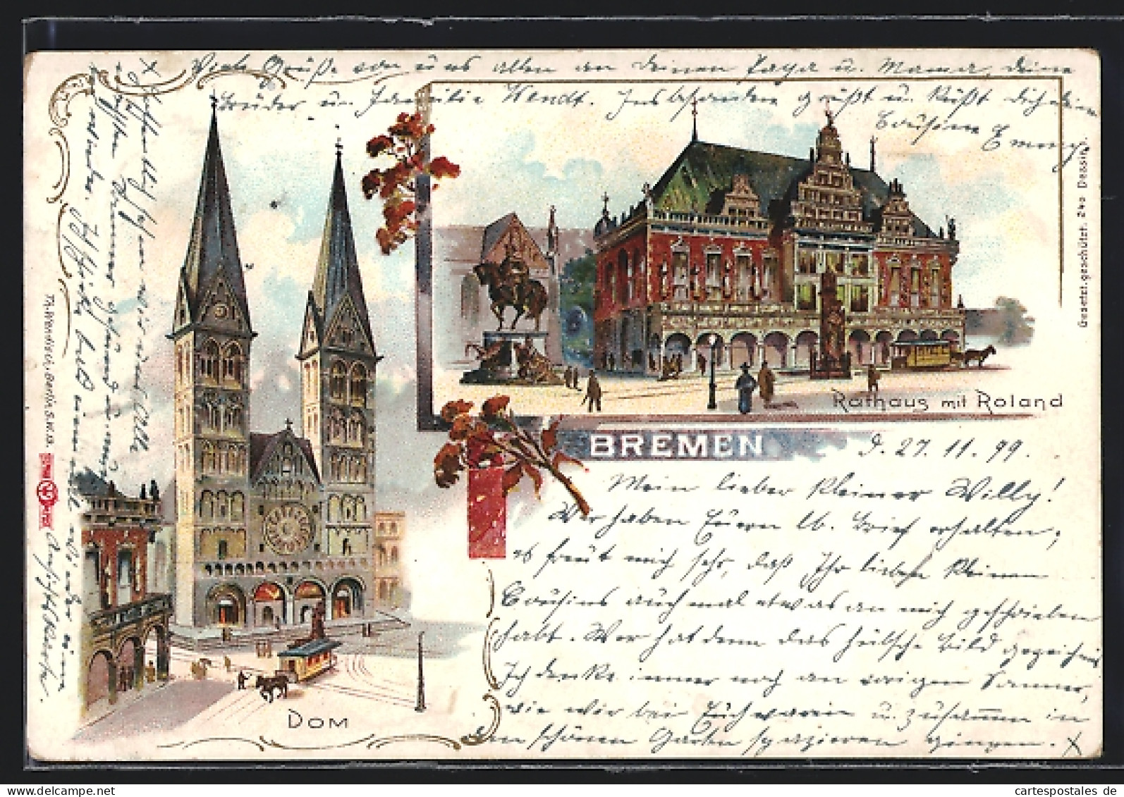 Lithographie Bremen, Dom Mit Pferdebahn, Rathaus Mit Roland  - Bremen