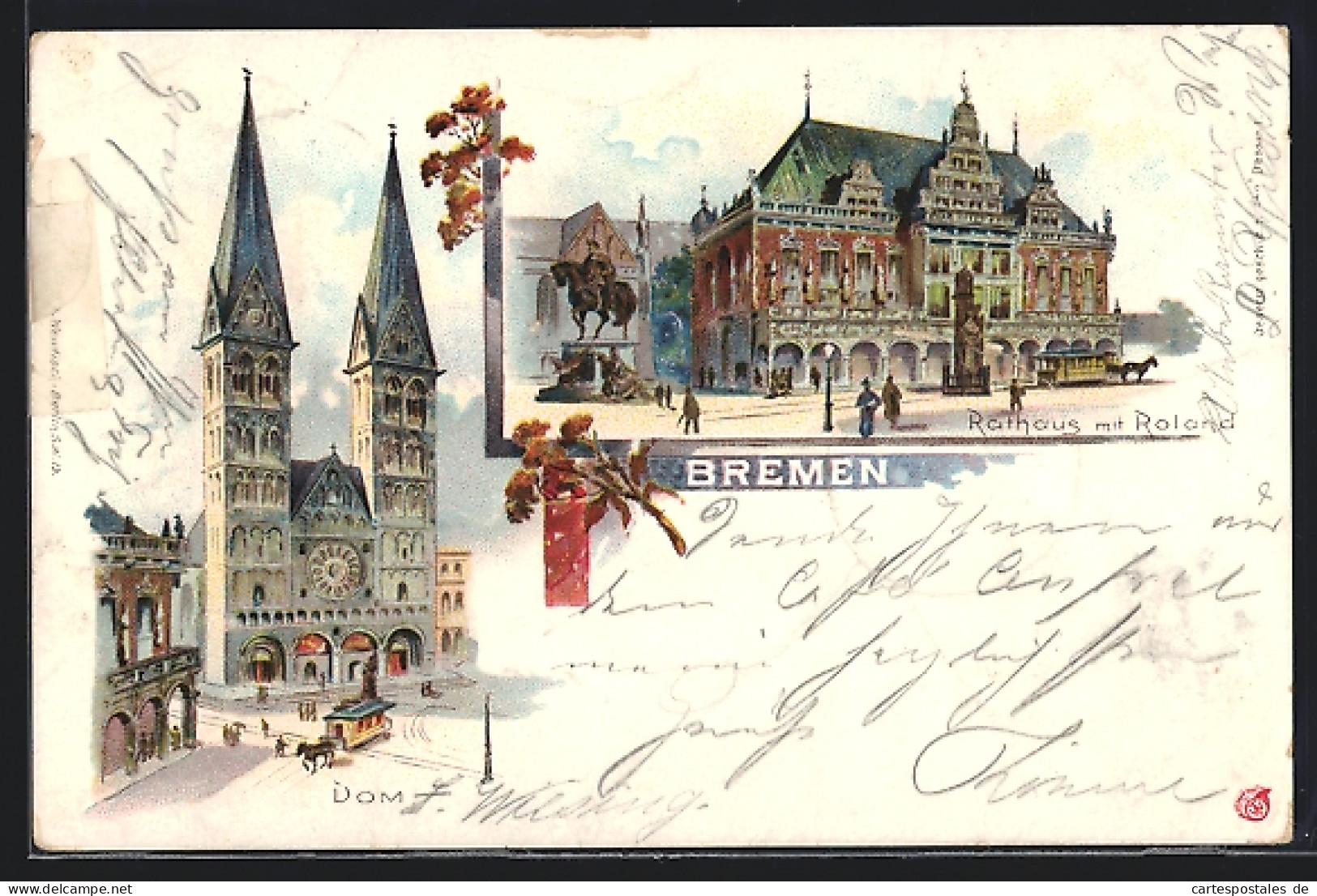 Lithographie Bremen, Dom Mit Pferdebahn, Rathaus Mit Roland  - Bremen