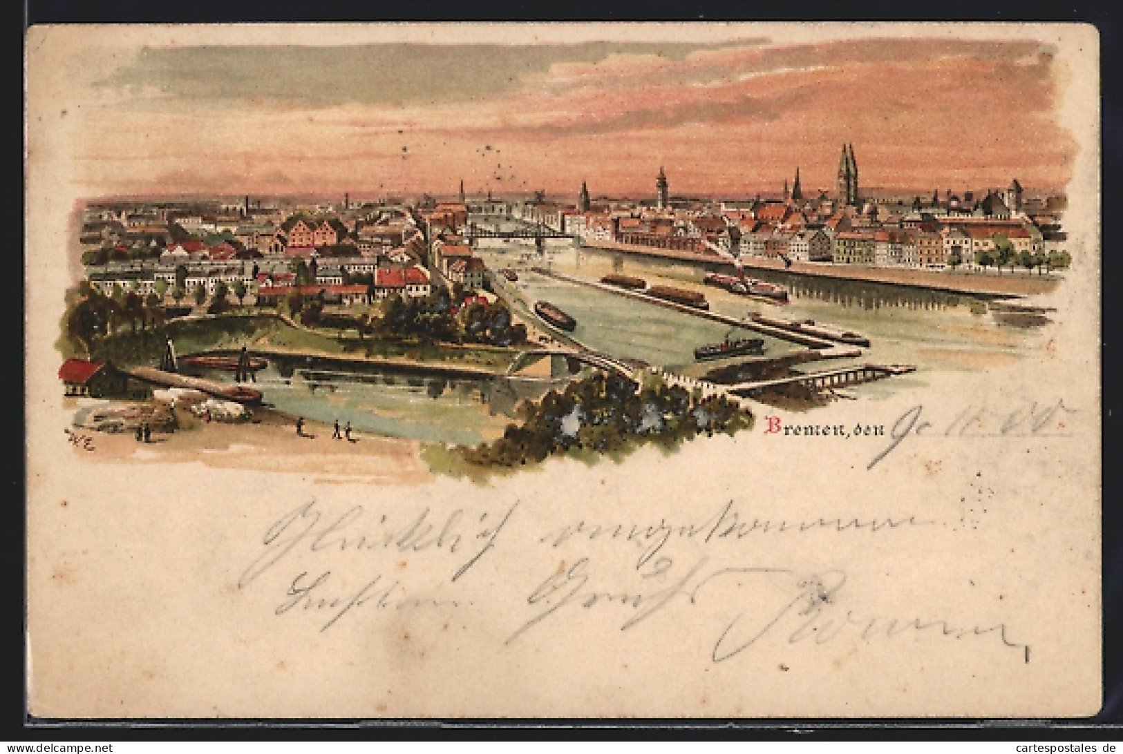 Lithographie Bremen / Stadt, Stadtansicht Aus Der Vogelschau  - Bremen