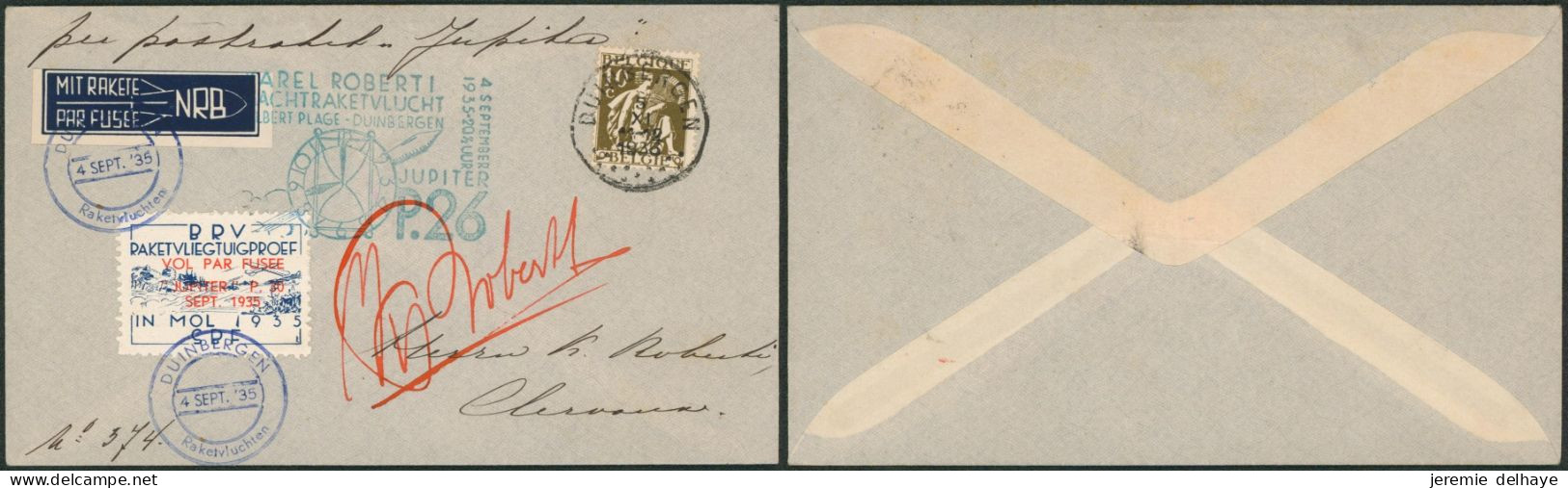 N°337 + E11 Sur Lettre "vol Par Fusée" Expédié De Duinbergen (1935) > Clervaux / Jupiter P.26, Signature Roberti. - Cartas & Documentos