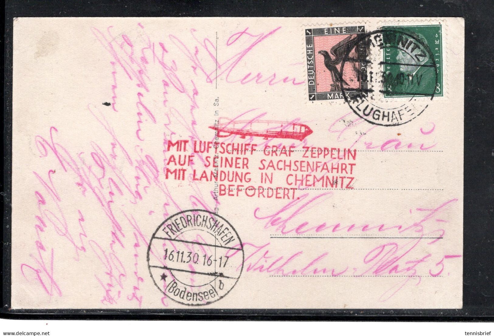 1930 , Zeppelin Karte  " Sachsenfahrt- Chemnitz " über Friedrichshafen , Gute Frankatur,Zeppelin Karte Chemnitz  #193 - Airmail & Zeppelin