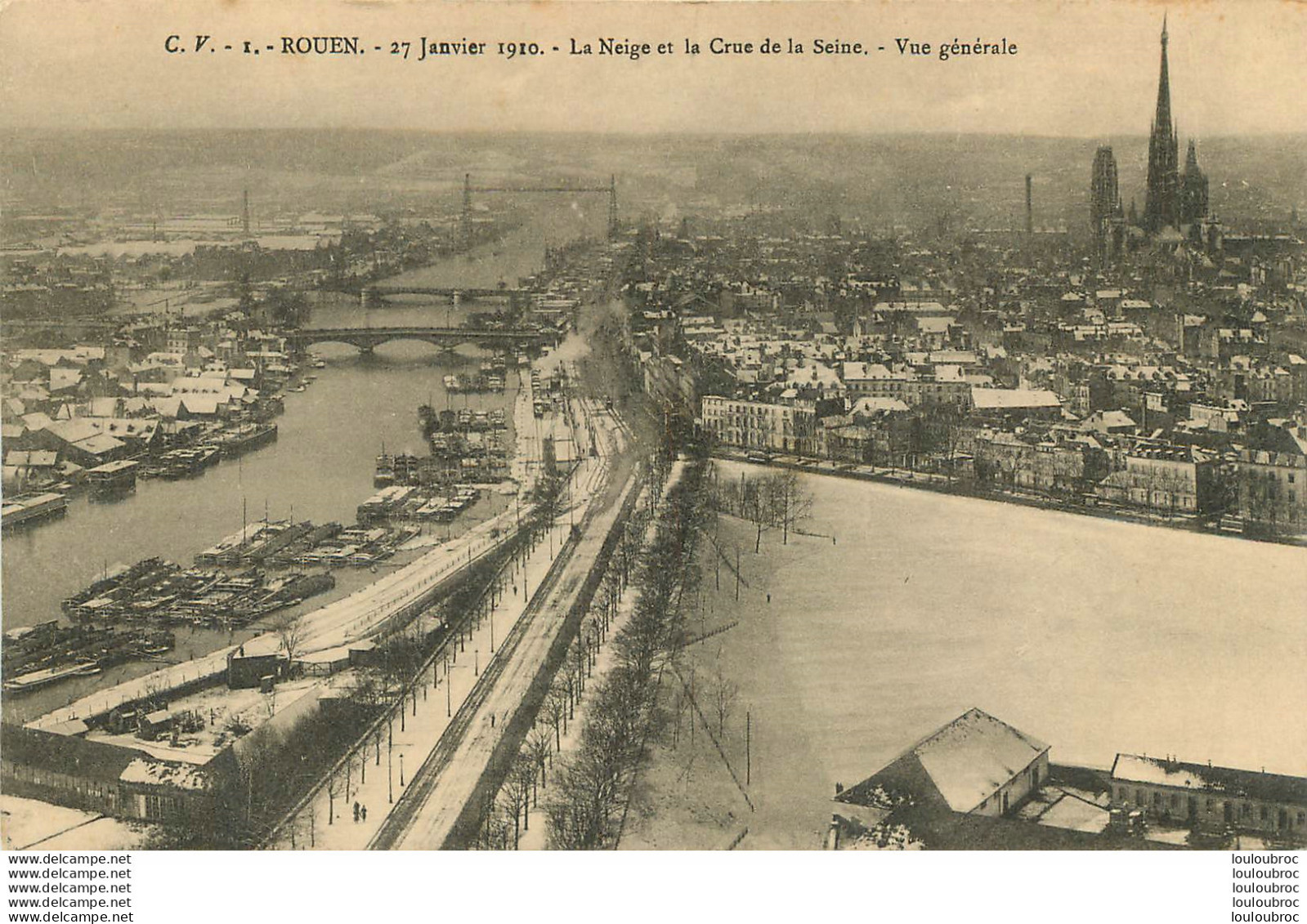 ROUEN  LA CRUE DE LA SEINE ET LA NEIGE 1910 VUE GENERALE  Ref1 - Rouen