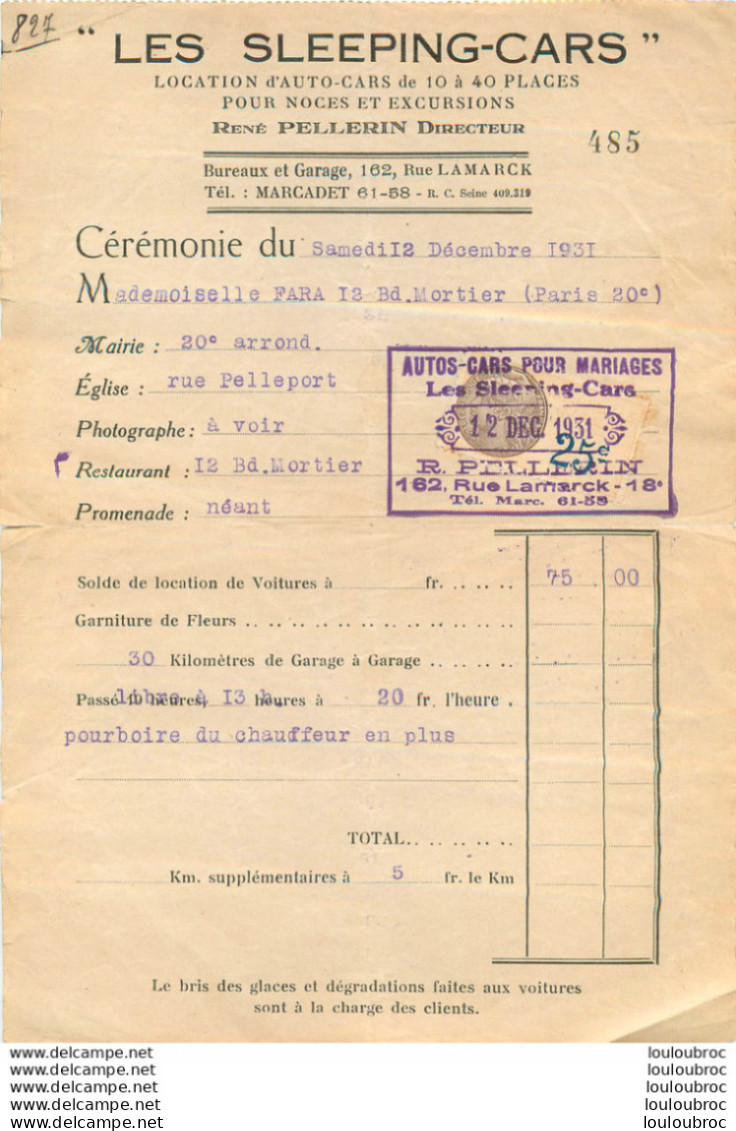 LES SLEEPING-CARS  162 RUE LAMARCK PARIS XVIIIe LOCATION AUTO-CARS POUR NOCES - 1900 – 1949
