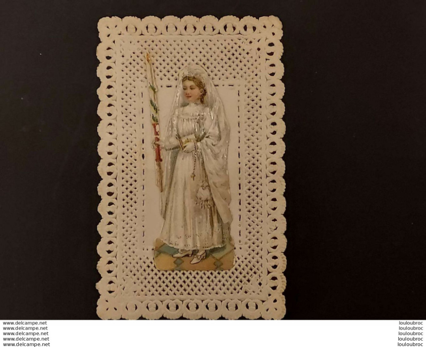 IMAGE PIEUSE CANIVET RELIGIEUSE  DENTELLE ET COMMUNIANTE AVEC CIERGE COLLE   Ref45 - Devotieprenten