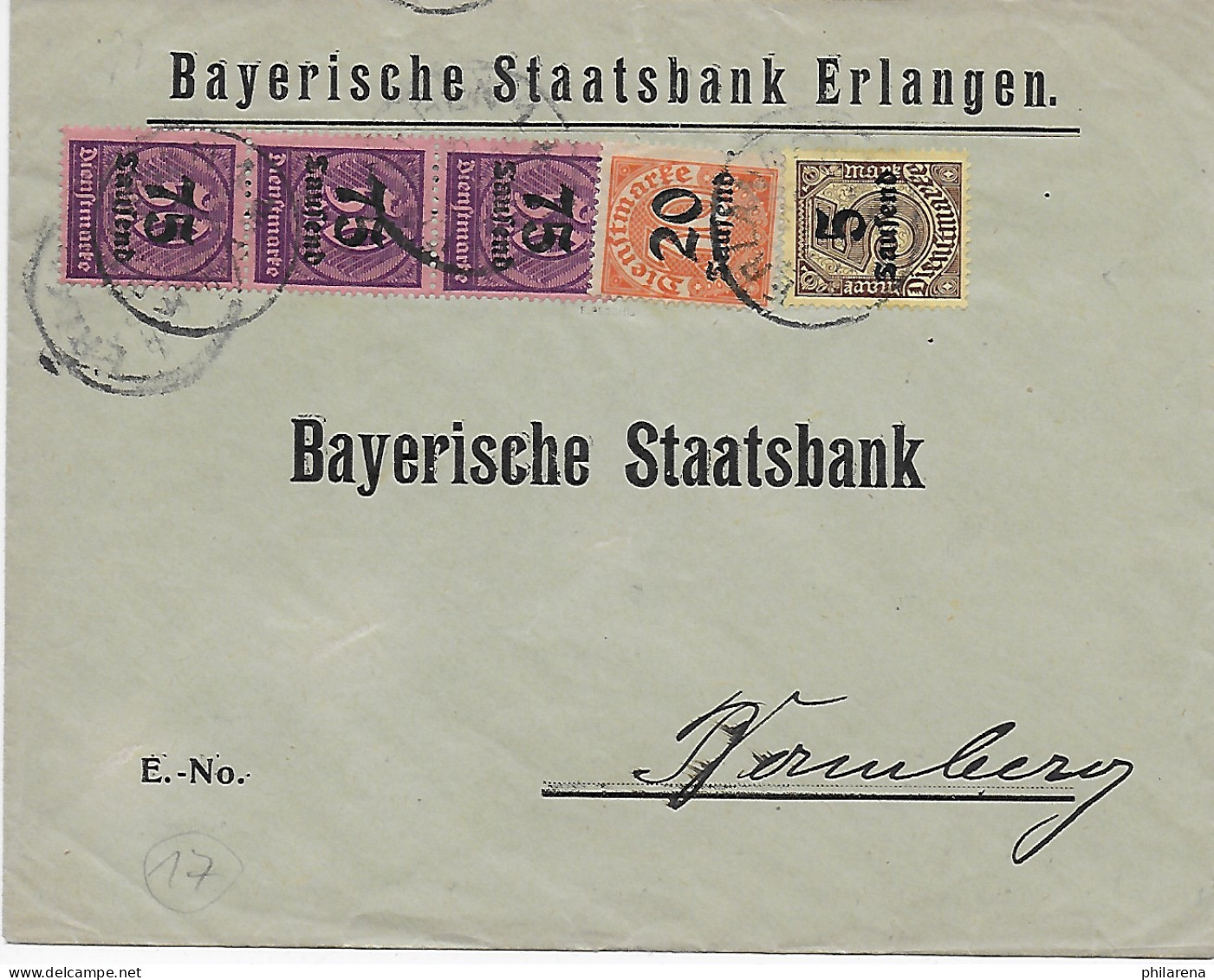 Bankbrief, Dienstpost Von Erlangen Nach Bamberg, Rückseit. Geprüft Infla Berlin - Dienstzegels