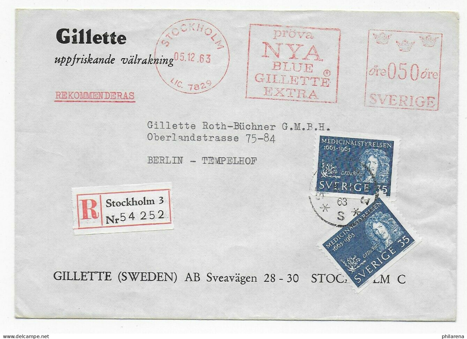 Einschreiben Stockholm 1963 Nach Berlin: Gilette Werbung - Sonstige & Ohne Zuordnung
