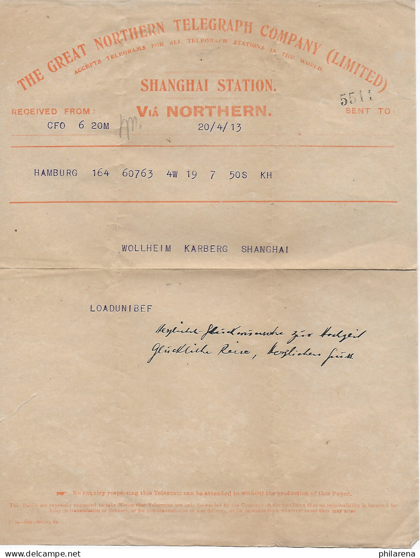 Telegram Von Hamburg 1913 Nach Shanghai - China (offices)