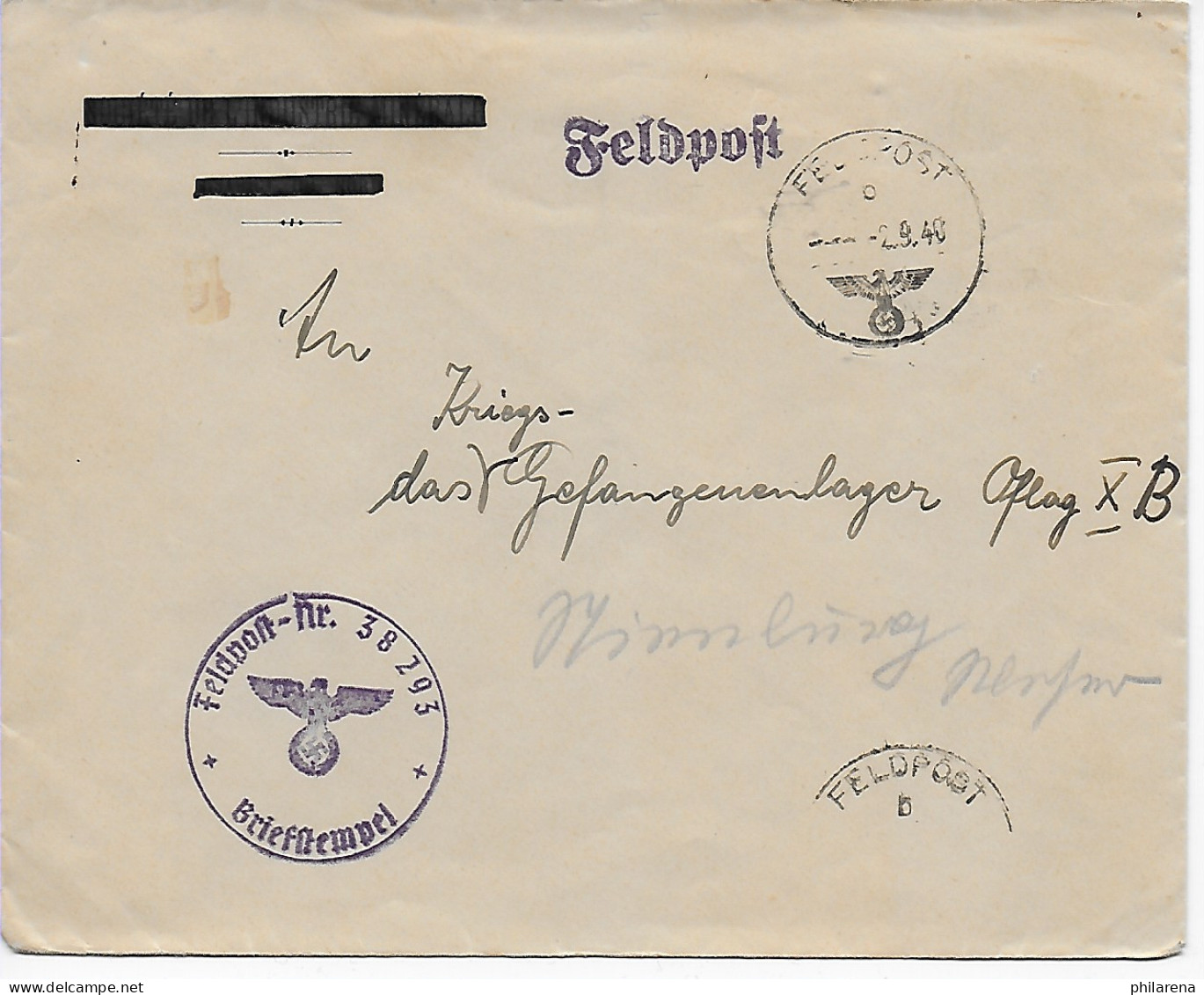 Feldpost Nr. 38293, 1940 An Kriegsgefangenlager Oflag XB, Nienburg - Feldpost 2e Guerre Mondiale
