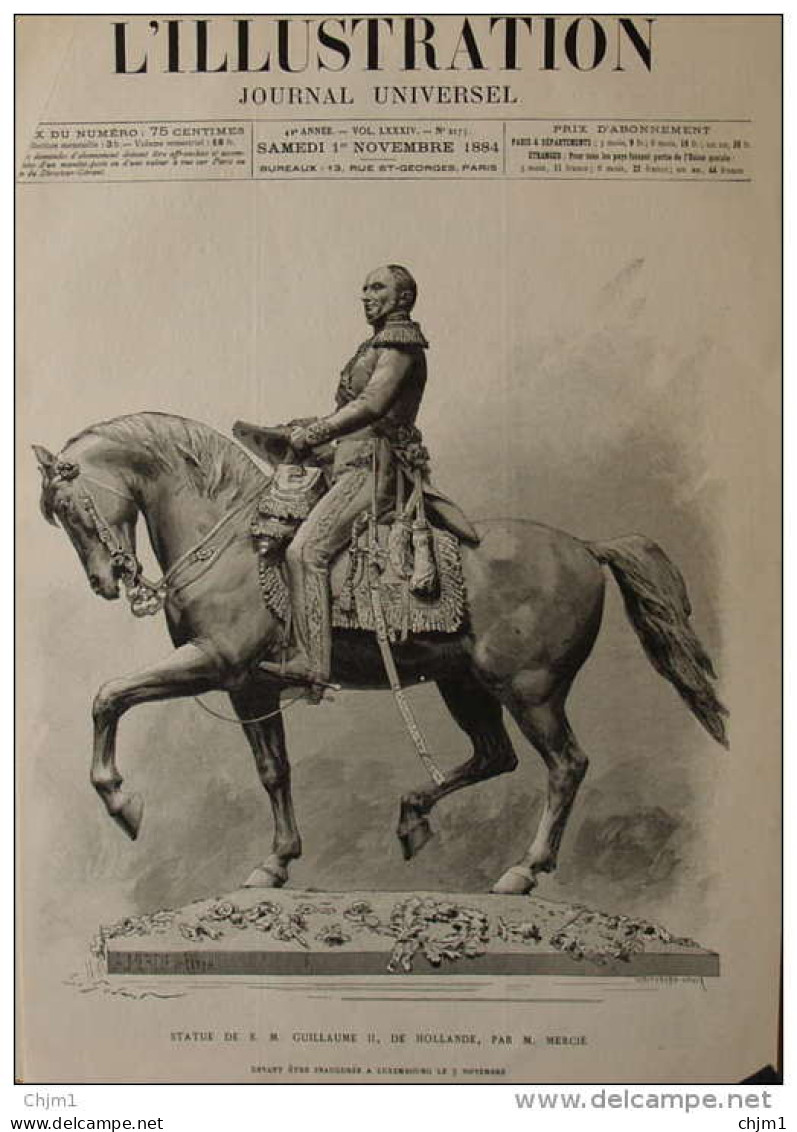 Statue De S. M. Guillaume II, De Hollande, Par M. Mercié - Page Original 1884 - Documents Historiques