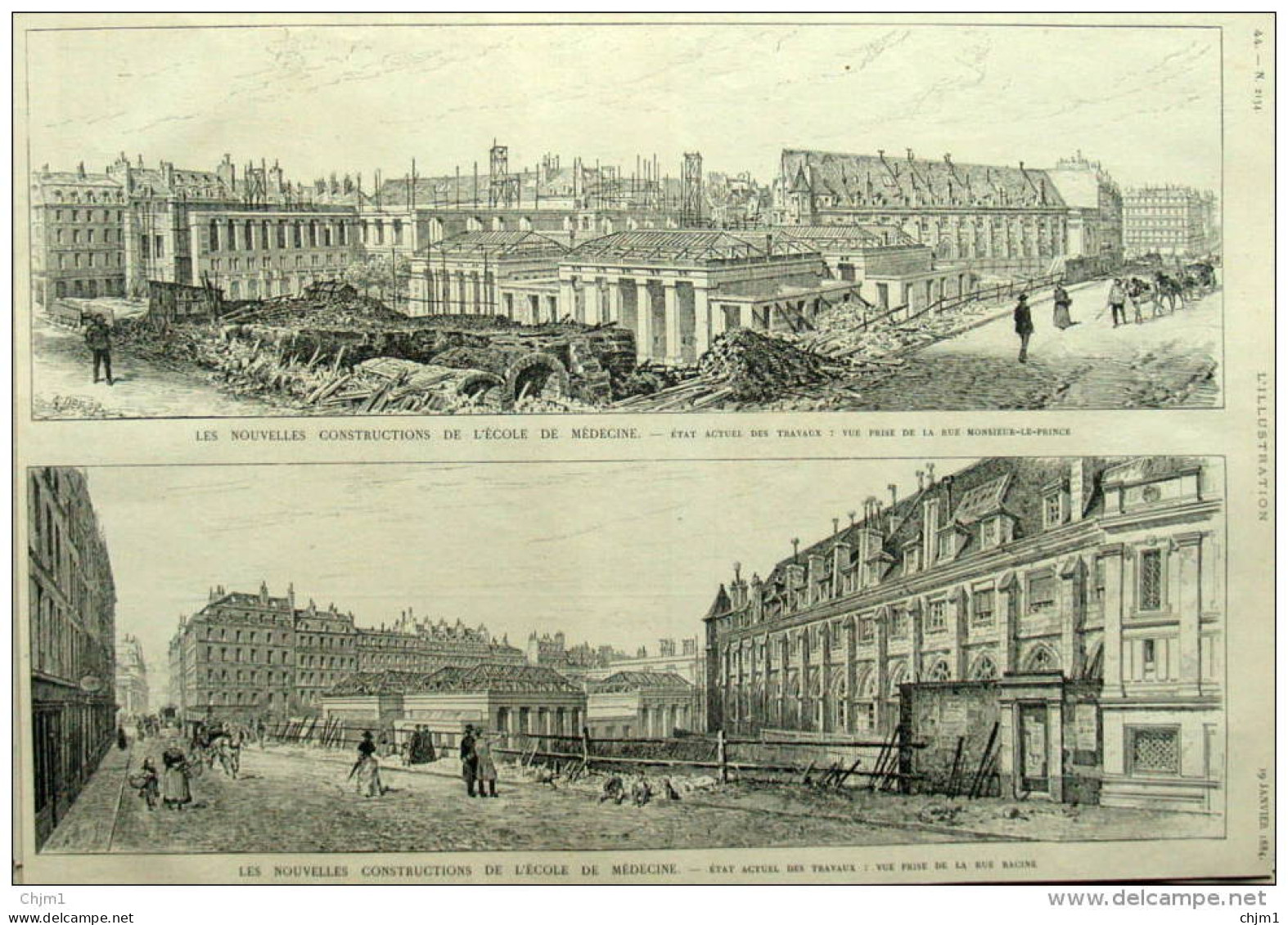 Les Nouvelles Constructions De L'école Des Médecine - Vue Prise De La Rue Racine - Page Original 1884 - Documents Historiques