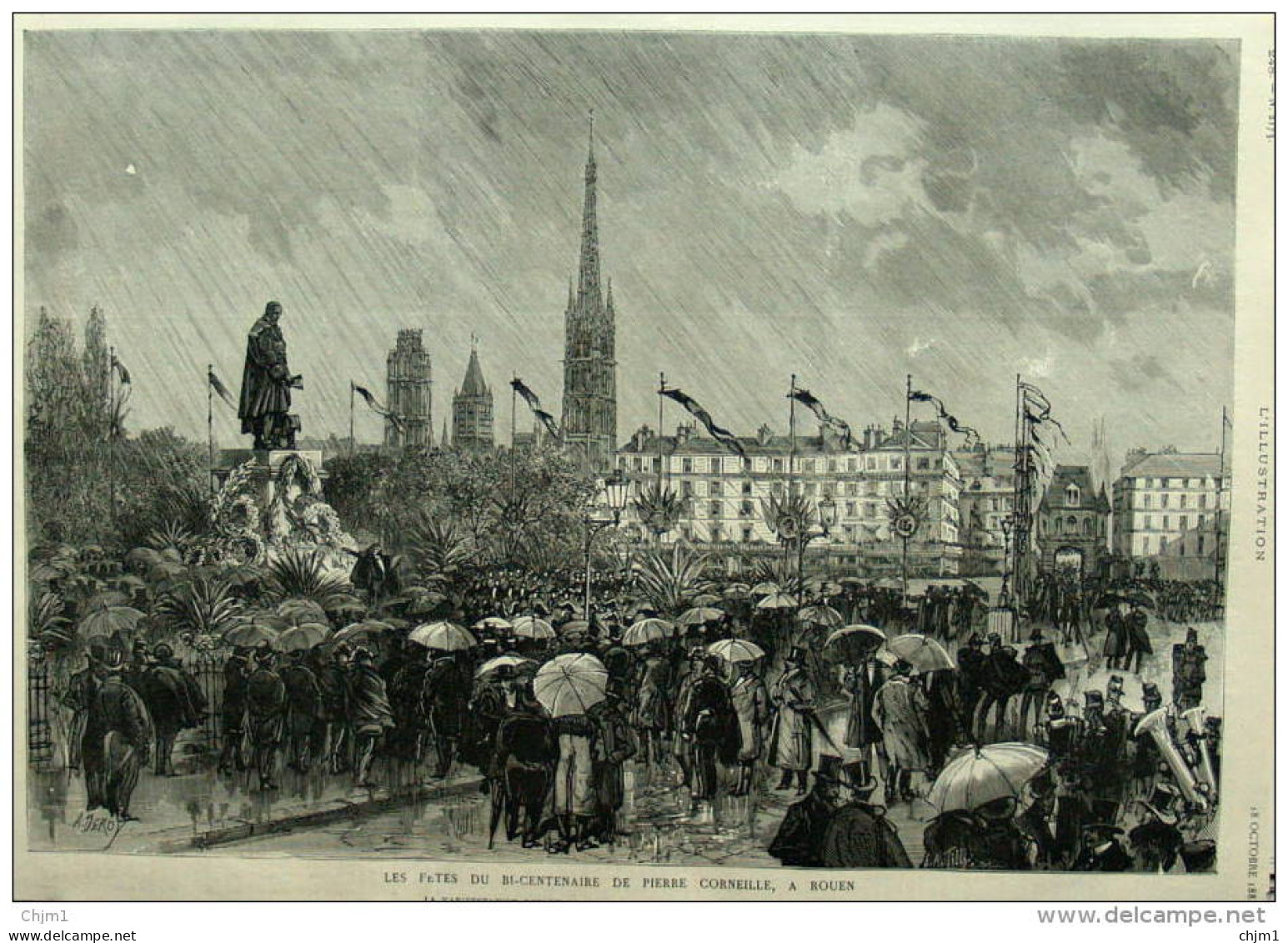 Rouen - Les Fêtes Du Bi-Centenaire De Pierre Corneille - Manifestation Devant La Statue Corneille - Page Original 1884 - Documents Historiques