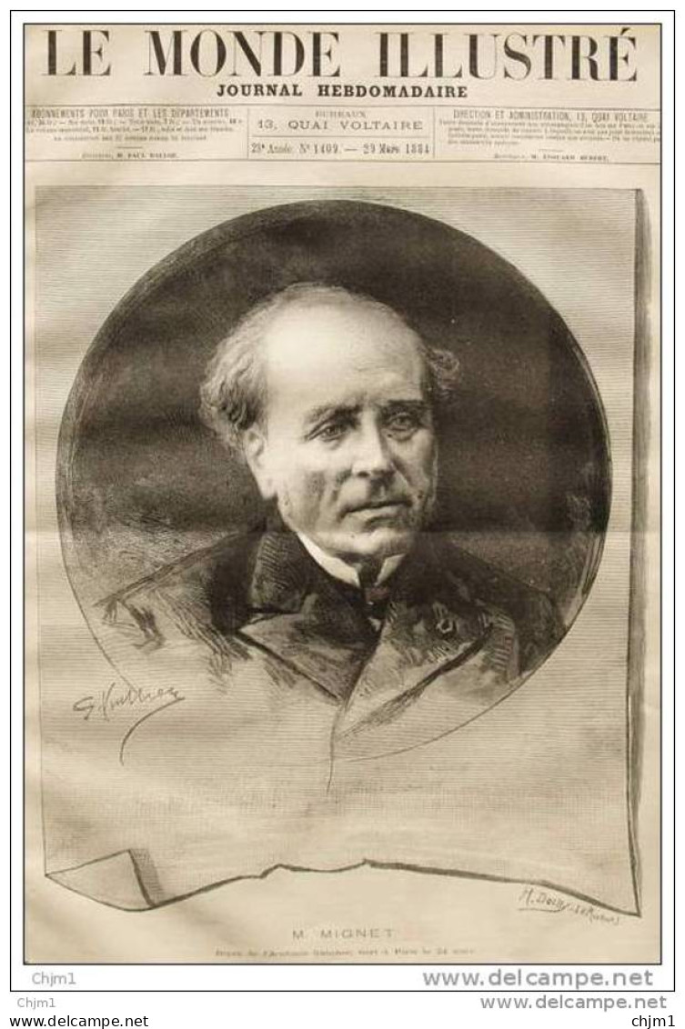 M. Mignet, Mort à Paris -  Page Original 1884 - Documents Historiques