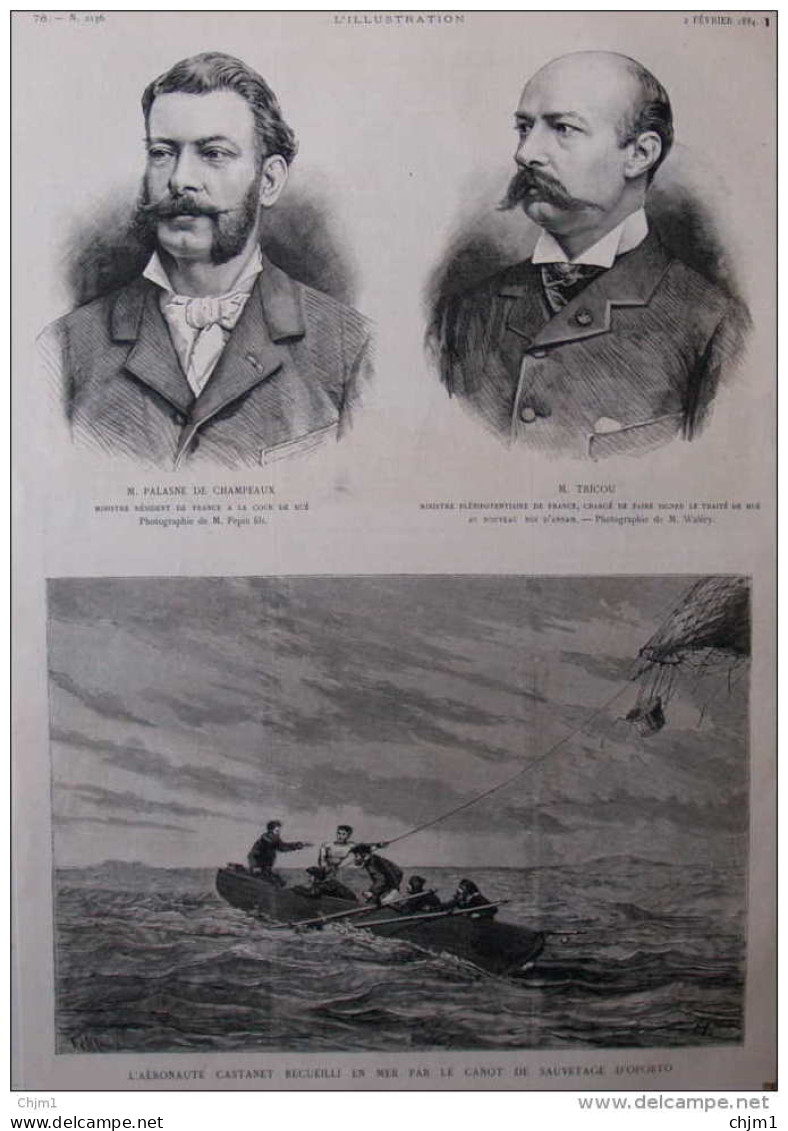 L'aéronaut Castanet Recueilli En Mer Par Le Canot De Sauvetage D'Oporto - M. Palasne De Champeaux - Page Original - 1884 - Historische Documenten