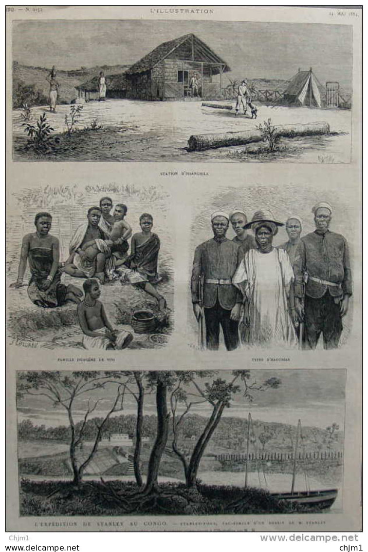 L'expédition De Stanley Au Congo - Types D'Haoussas - Famille Indigène De Vivi - Page Original 1884 - Documents Historiques