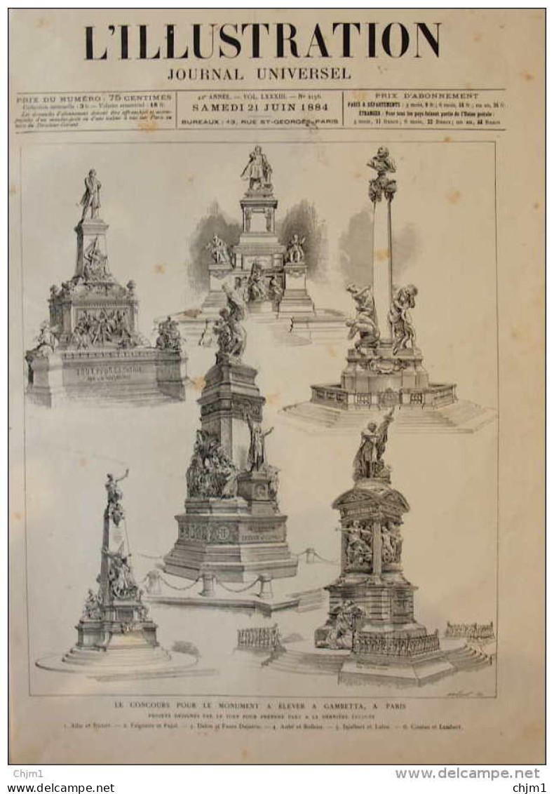 Le Concours Pour Le Monument à élever à Gambetta, à Paris - Allar Et Dutert - Falguière Et Pujol - Page Original  1884 - Historical Documents