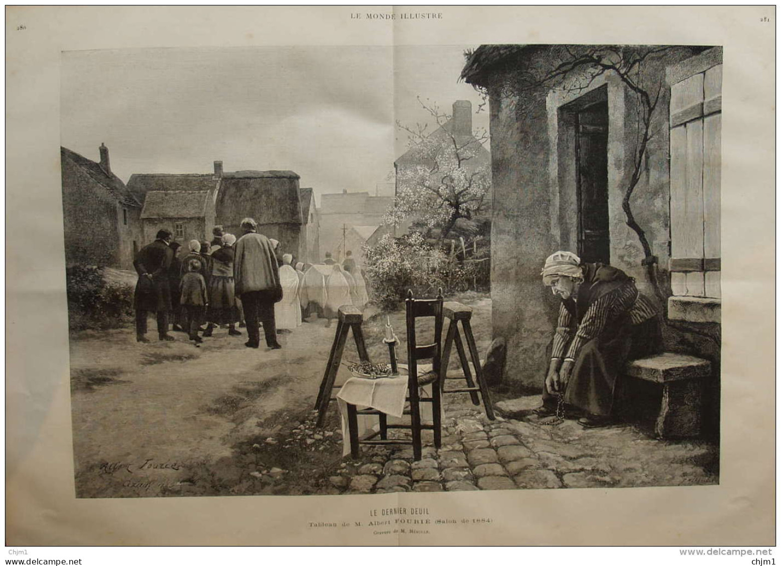 "le Dernier Deuil", Tableau De M. Albert Fourié - Page Original Double 1884 - Historische Dokumente