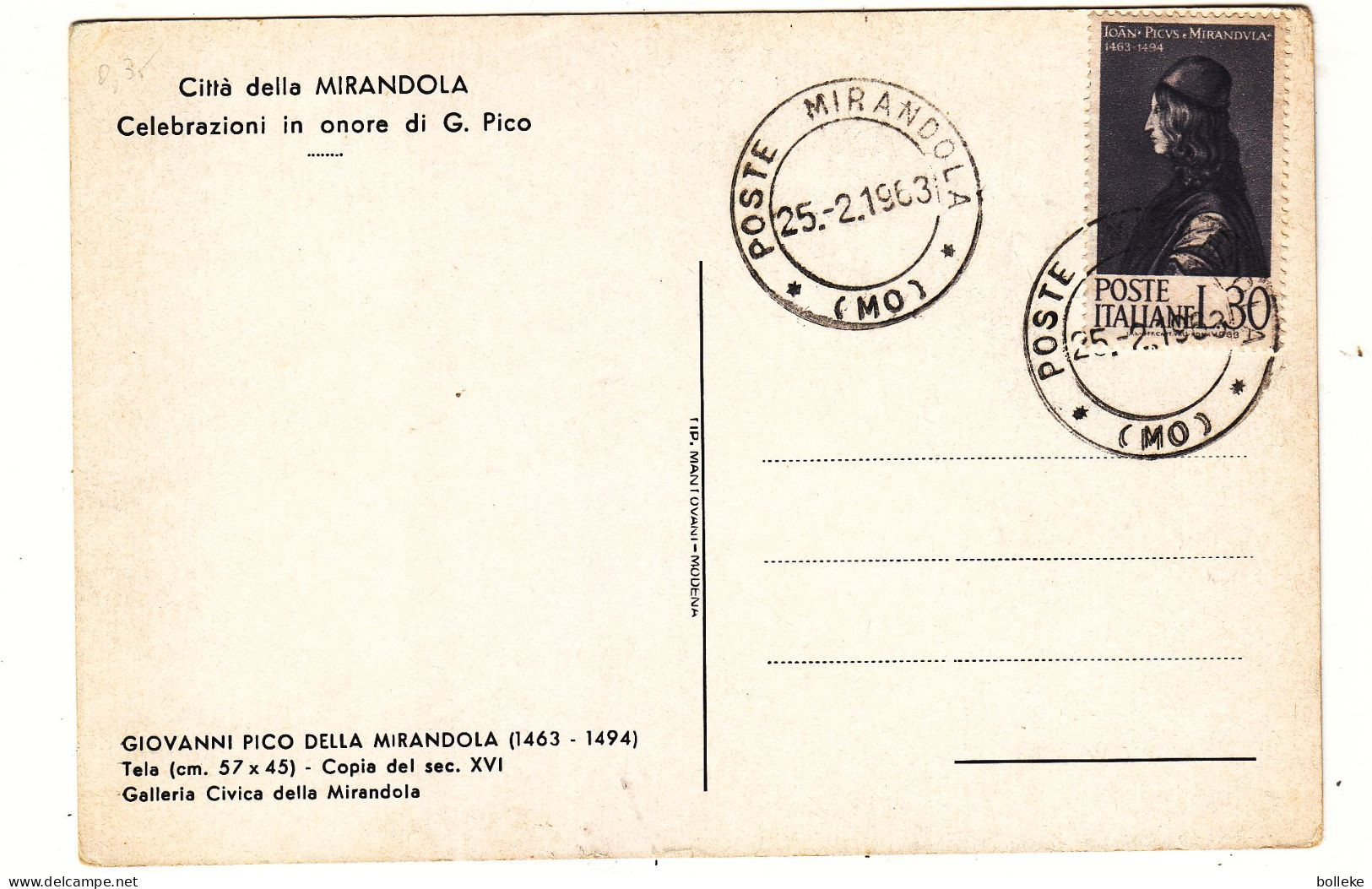 Italie - Carte Postale De 1963 - Oblit Poste Mirandola - - 1961-70: Poststempel