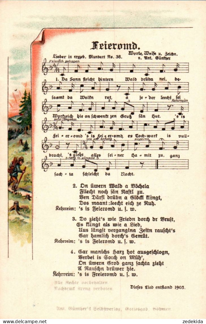 H1918 - Anton Günther Liedkarte - Feierobnd - Gottesgab Sudetengau - Musik Und Musikanten